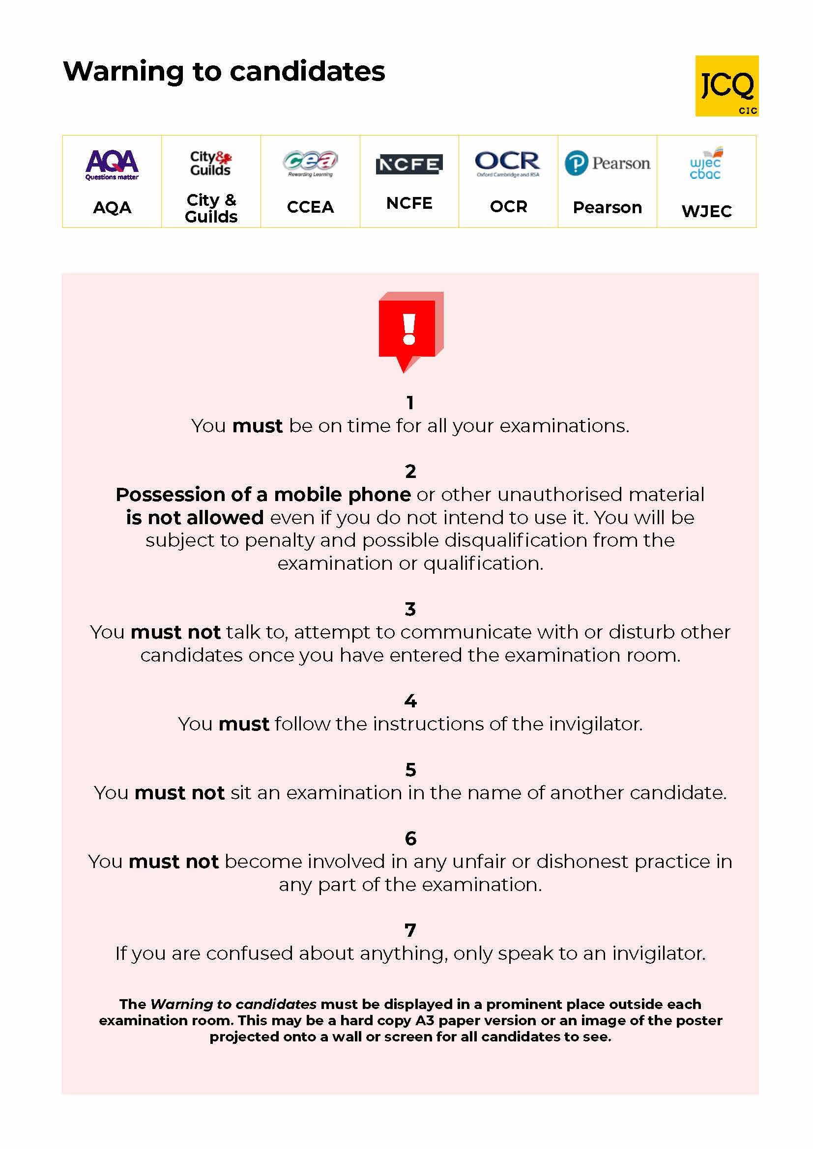 JCQ-ICE-Warning-to-candidates-2025 Room Poster